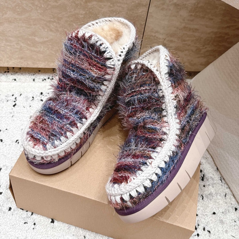 Mou Multicolor Fuzzy Platform Mules in Purple and Cream